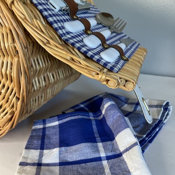 Sutherland Picnic Basket Woven Wicker Leather Straps Utensils Plates And Napkins - Picture 11 of 16